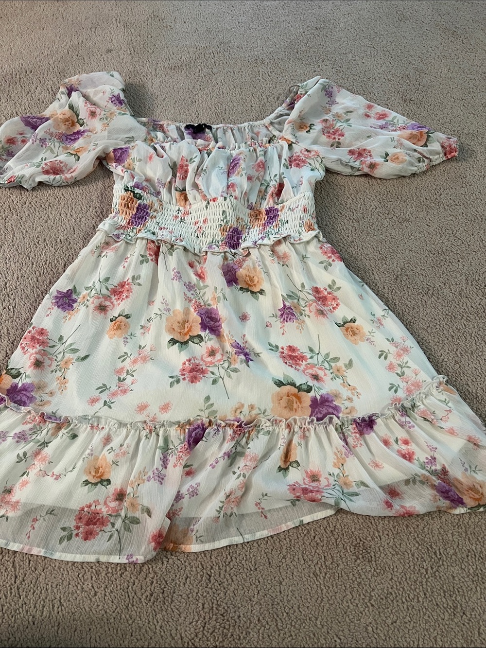 Trixxi White Floral Smocked Dress with Purple & Peach Blooms